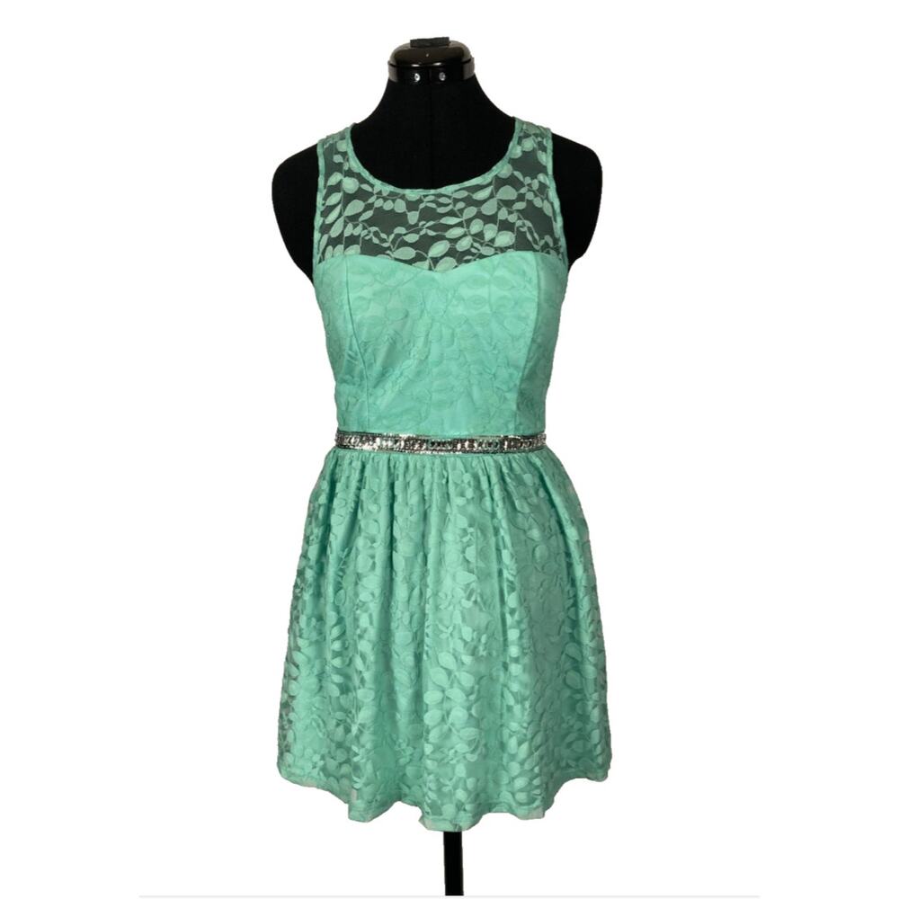 XS junior mini short skater dress lace sequin belt mint sage turquoise Candies
